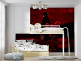 Anime-themed wall mural showcasing red silhouettes in modern home office
