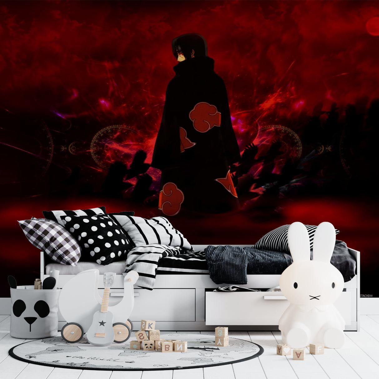 Dark red manga wallpaper creating moody atmosphere in entertainment room