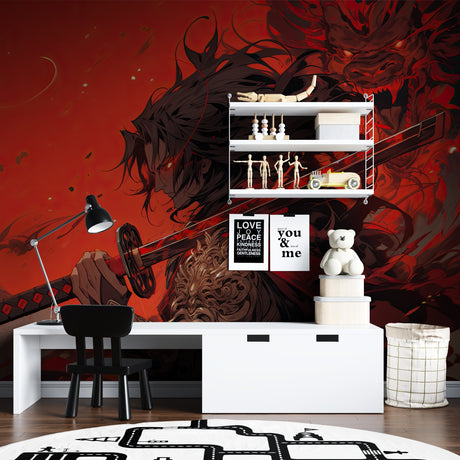 Striking Anime Samurai Wallpaper creating bold impact in modern gaming room with red and black theme