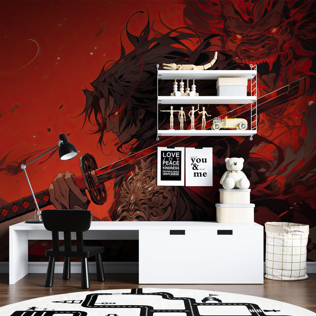 Striking Anime Samurai Wallpaper creating bold impact in modern gaming room with red and black theme