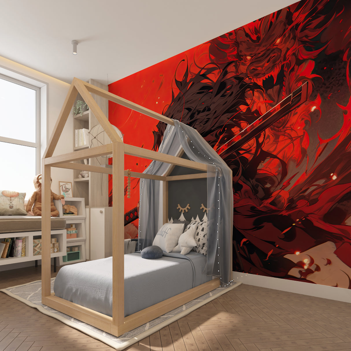 Japanese Anime Wallpaper transforming teen bedroom with dramatic samurai design
