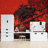 Red Samurai Wallpaper making statement in contemporary home office setup