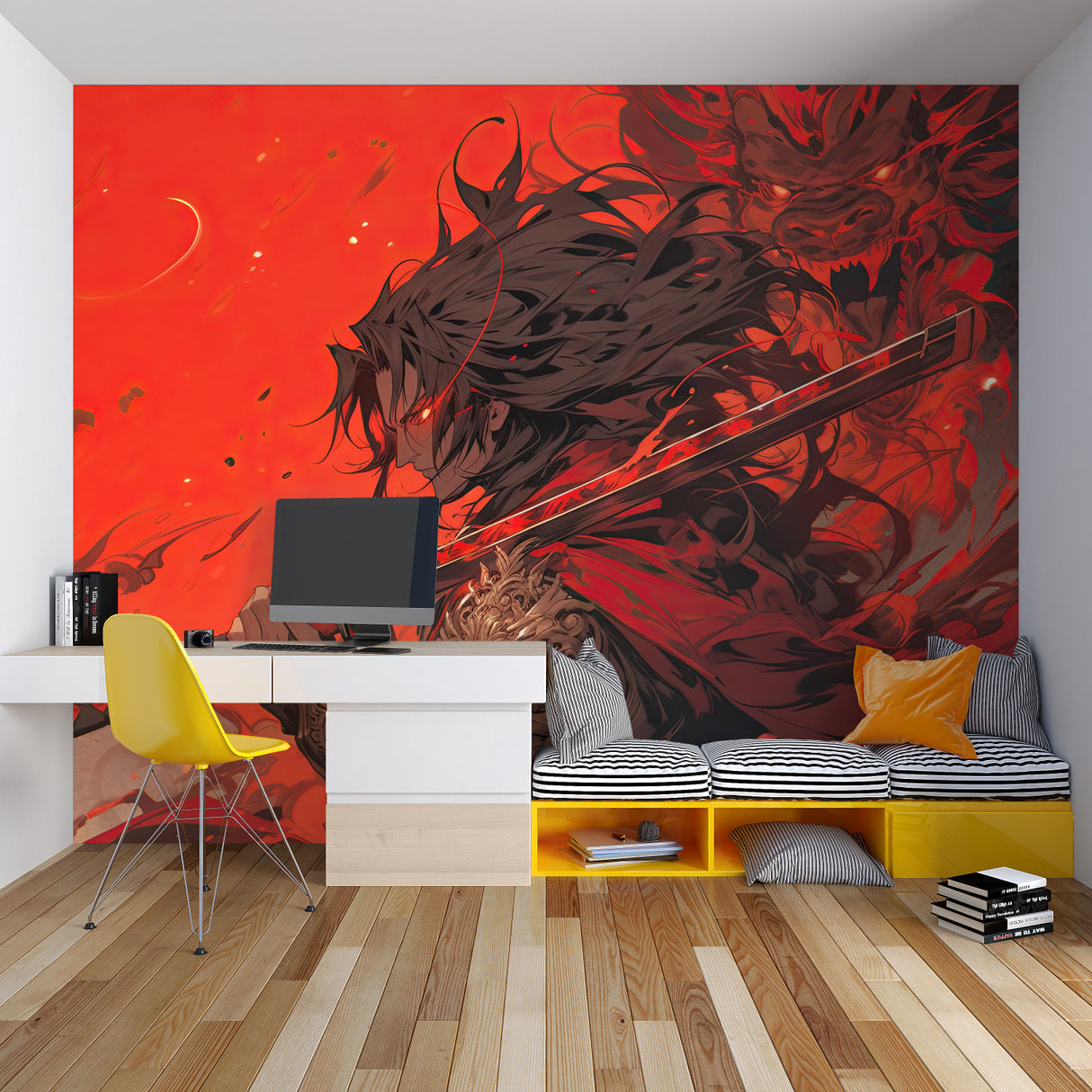 Japanese Warrior Wallpaper creating focal point in urban apartment setting