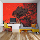 Japanese Warrior Wallpaper creating focal point in urban apartment setting
