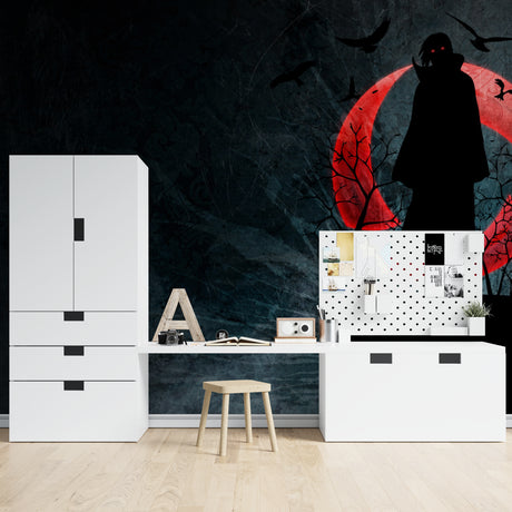 Dark anime wallpaper with red moon creating dramatic atmosphere in modern gaming room