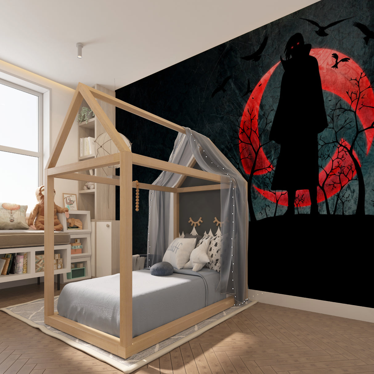Japanese anime wall mural featuring dark silhouette in stylish teen bedroom