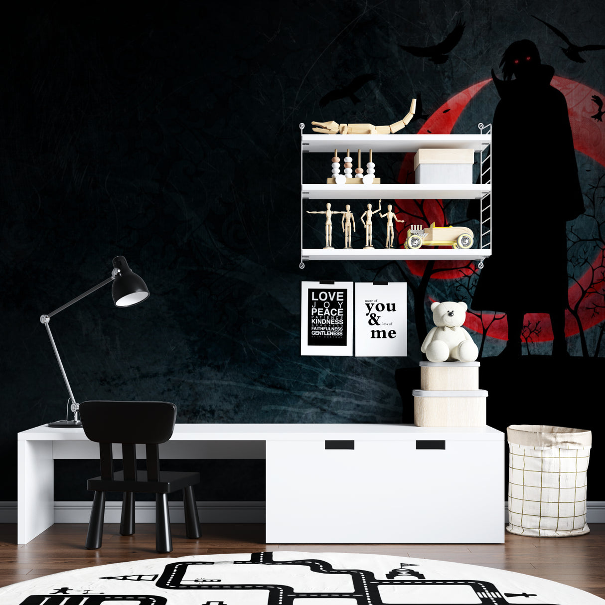 Dramatic red moon anime wallpaper creating mood in home office space
