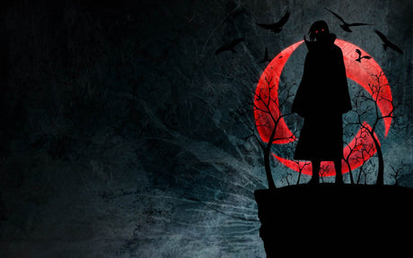 Design file showing detailed dark anime pattern with red moon and shadow elements