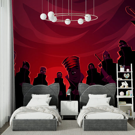 Anime wallpaper mural creating dynamic atmosphere in modern gaming room with red and black theme