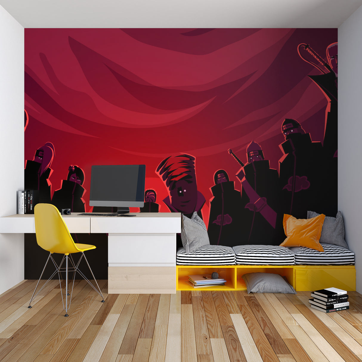 Teen bedroom transformed with Japanese anime wall mural showing dark silhouettes