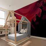 Red and black anime wallpaper creating bold statement in living room