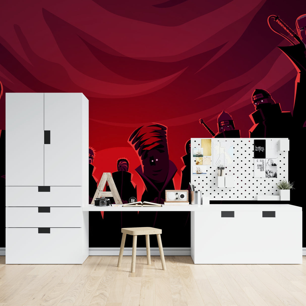 Modern entertainment room featuring dramatic anime silhouette wall design