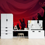 Modern entertainment room featuring dramatic anime silhouette wall design