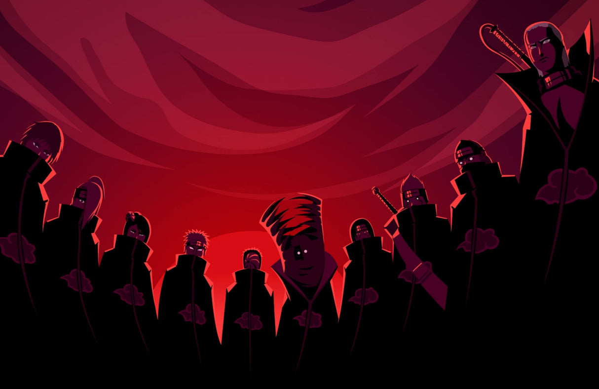 Design file of anime silhouette pattern with deep red background and dark figures
