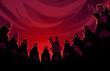 Design file of anime silhouette pattern with deep red background and dark figures