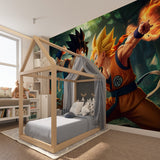 Dragon Ball battle mural wallpaper showcased in a modern gaming room with LED lighting