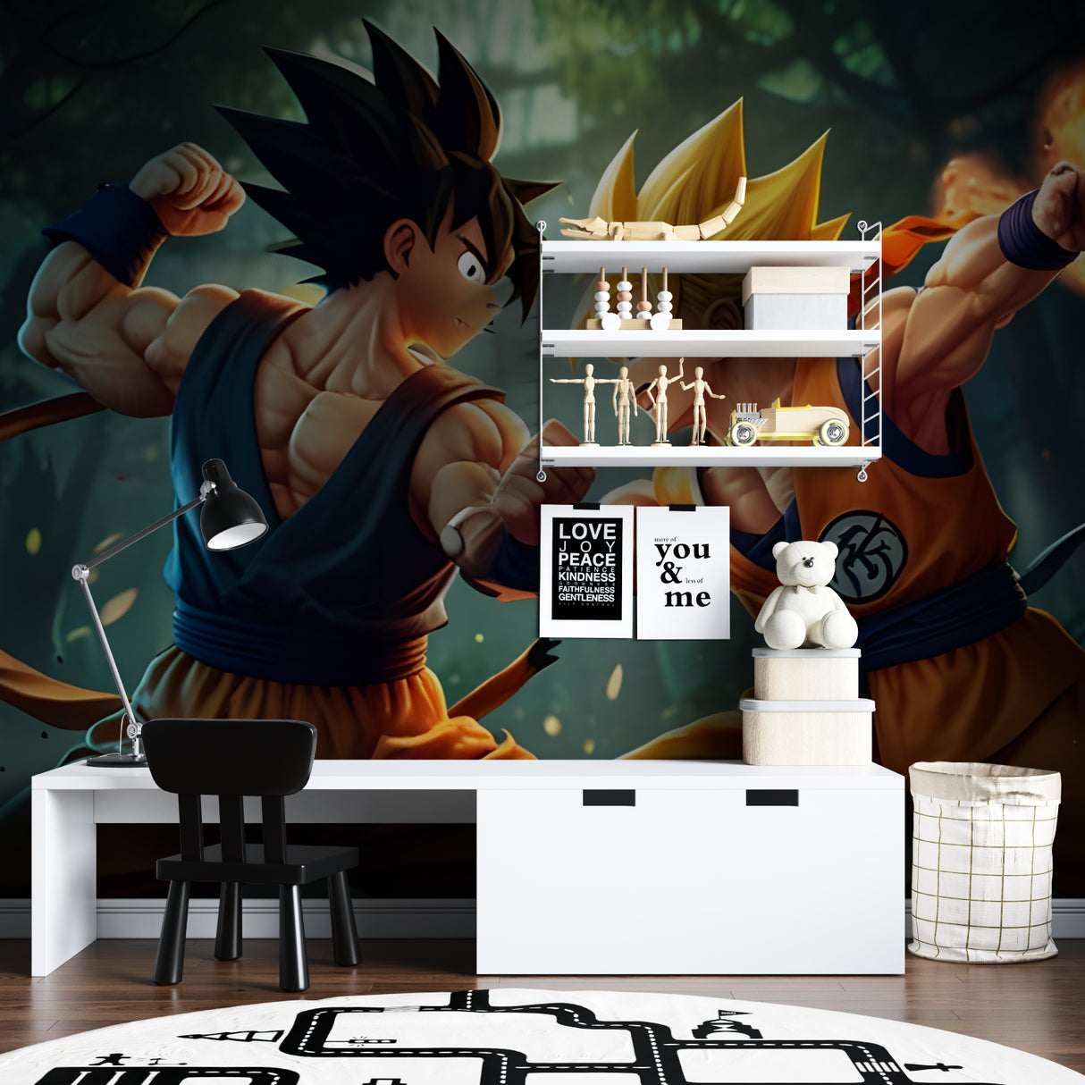 Anime wall mural displaying Dragon Ball characters in a teen bedroom setting