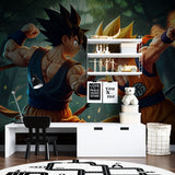 Anime wall mural displaying Dragon Ball characters in a teen bedroom setting