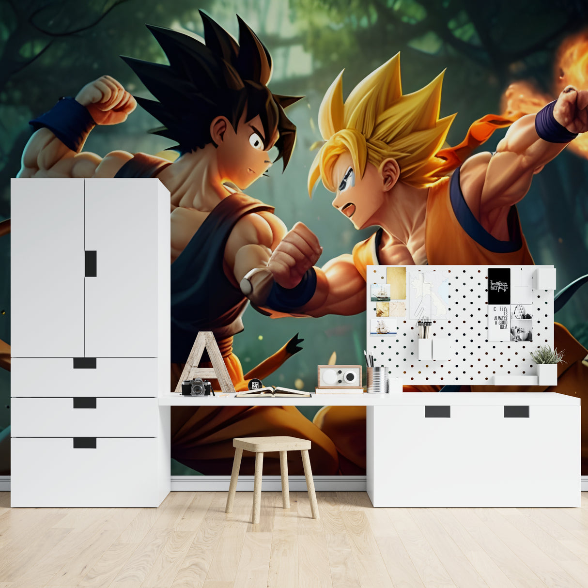 Dragon Ball wallpaper mural bringing energy to a fan cave setup