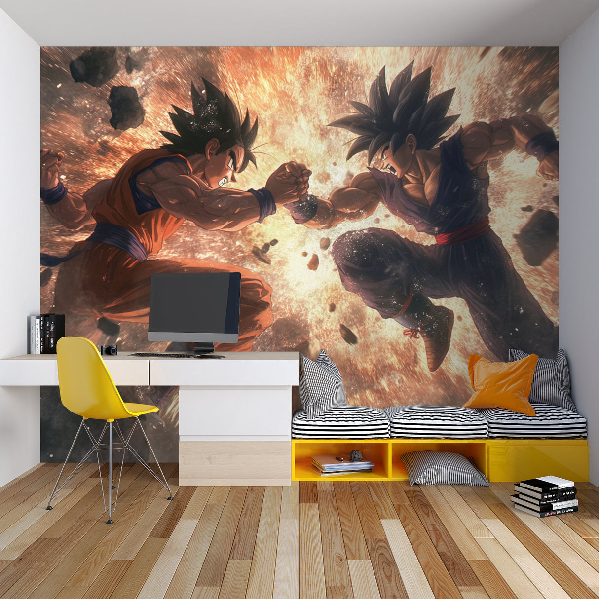 Manga battle scene wallpaper transforming a study room wall