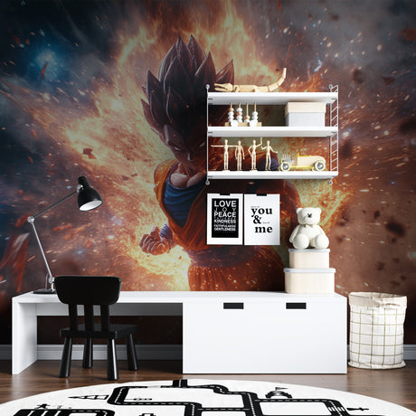 Dragon Ball anime battle wallpaper creating epic vibes in a modern gaming room setup
