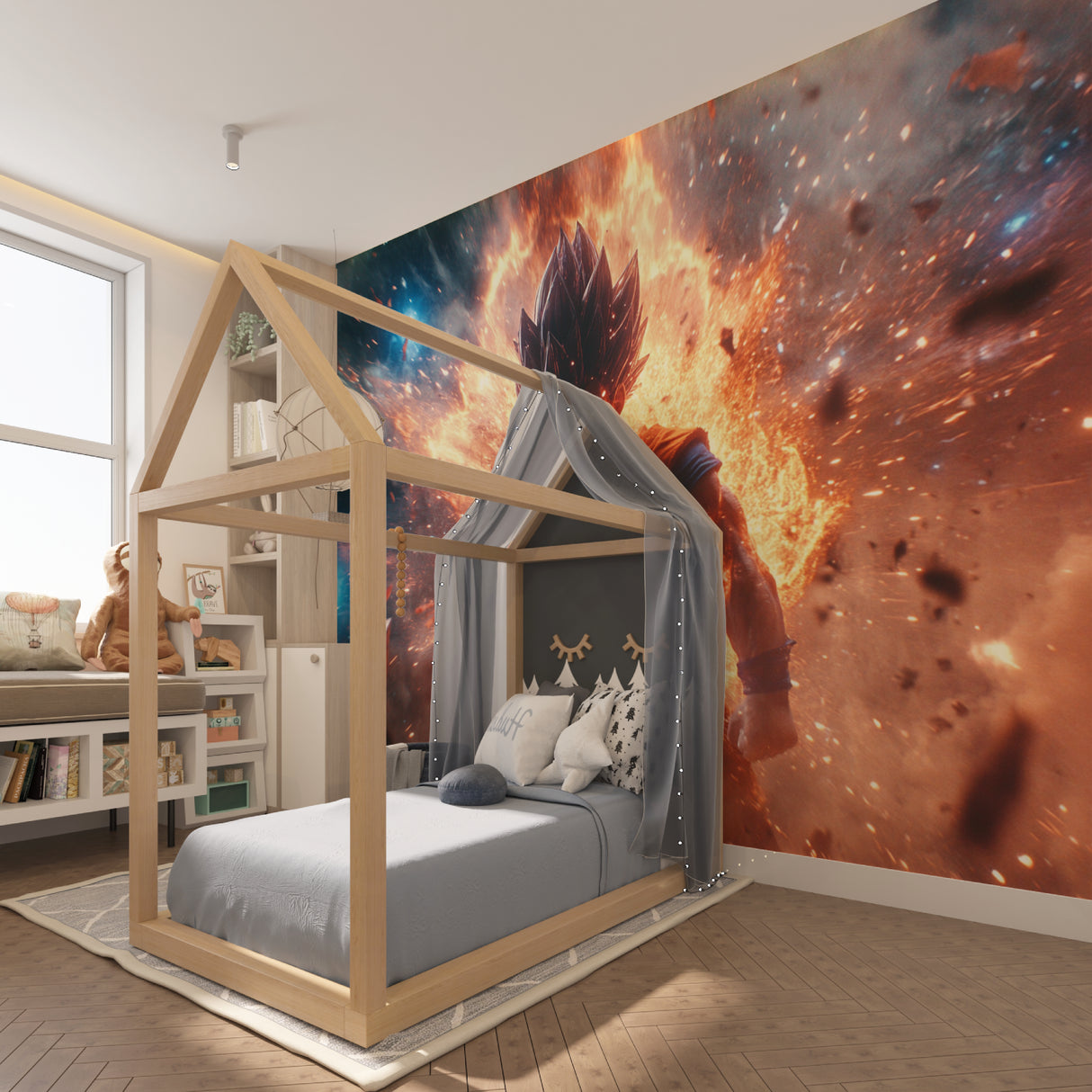 Anime battle scene mural bringing energy to a teen bedroom with LED lighting