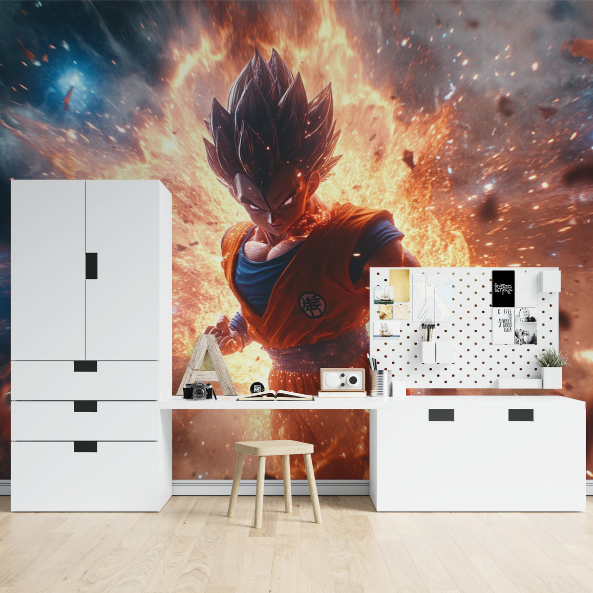 Epic anime mural transforming a fan cave with dramatic battle scenes