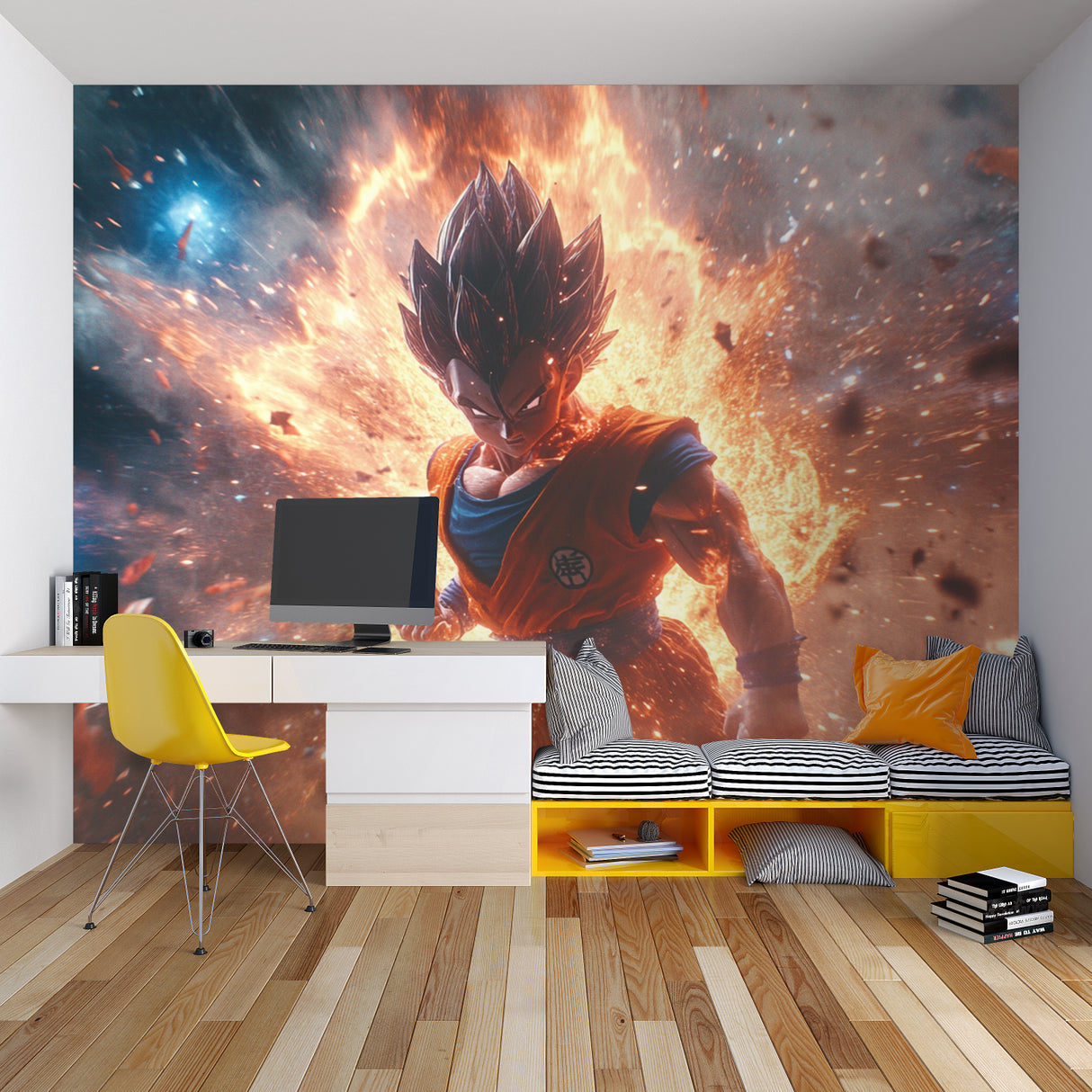 Anime battle wallpaper showcased in a modern entertainment room