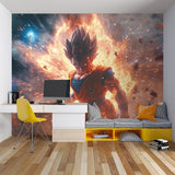 Anime battle wallpaper showcased in a modern entertainment room