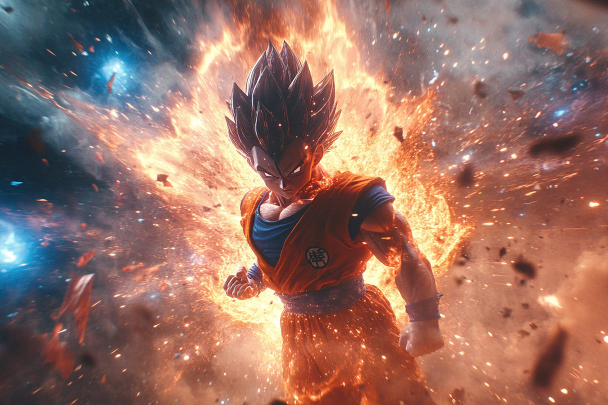 Dragon Ball battle scene design file showing detailed cosmic background and character artwork