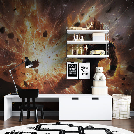 Dragon Ball battle scene wallpaper in modern gaming room with LED lighting setup
