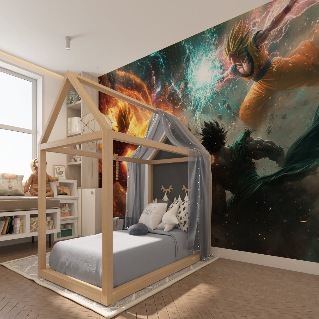 Anime battle scene mural in a teen bedroom creating an amazing focal wall