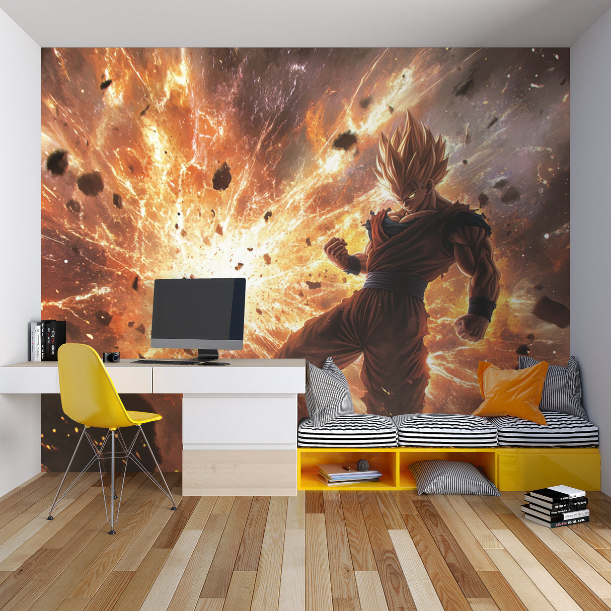Anime battle mural displayed in teen bedroom showing scale and impact