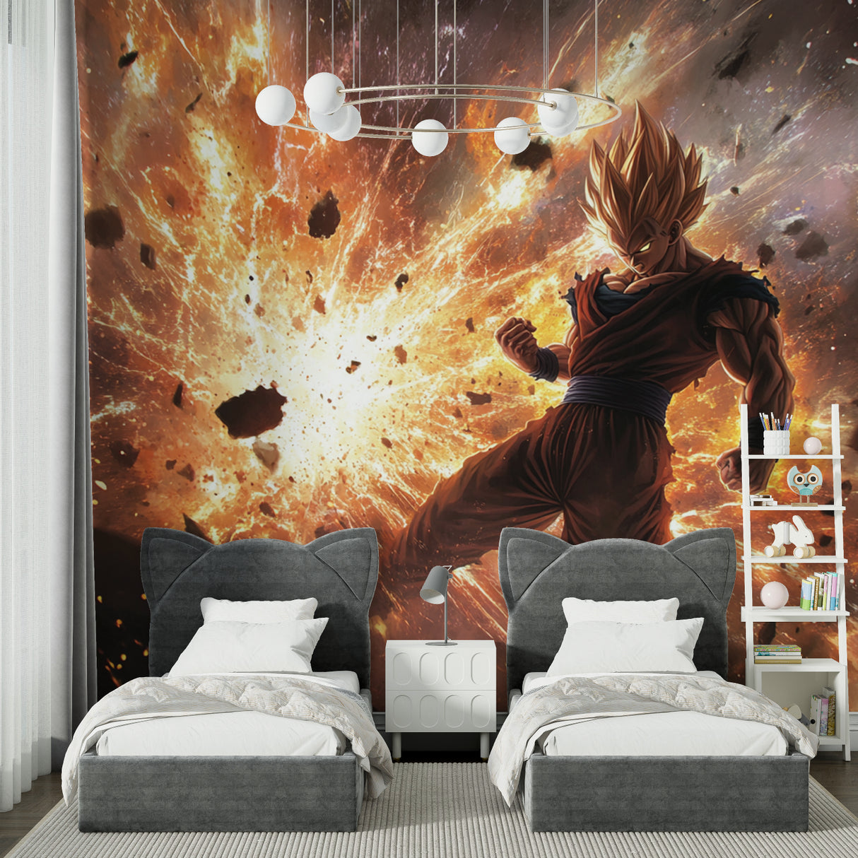 Dragon Ball wallpaper installation in home theater with dramatic lighting