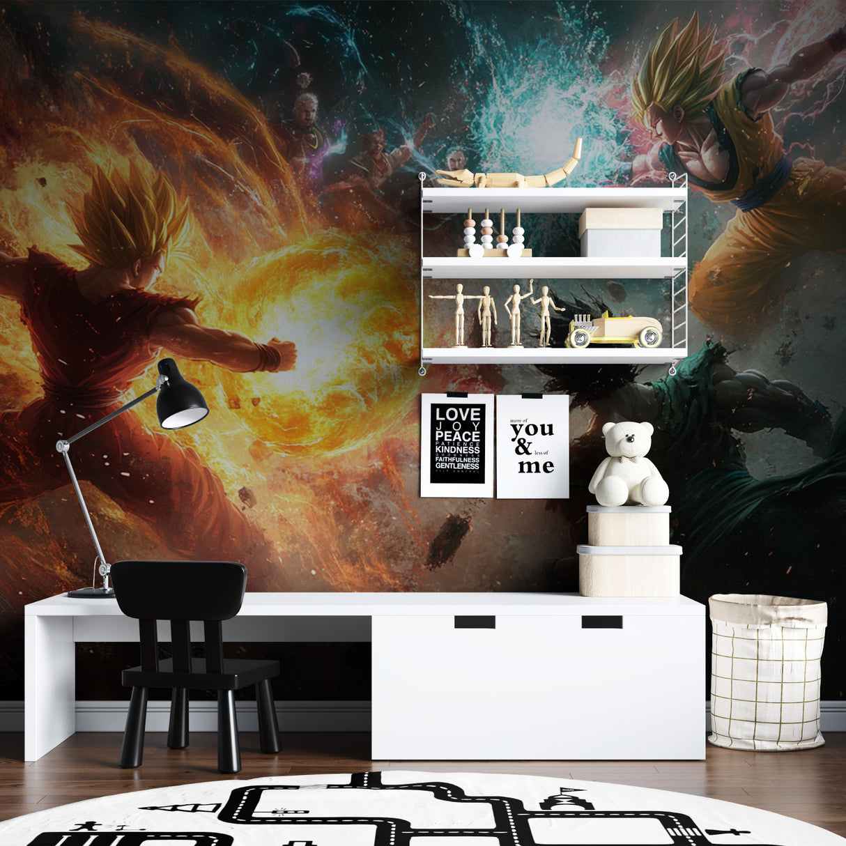 Anime mural wallpaper showcased in a bright kids room with modern furniture