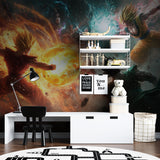 Anime mural wallpaper showcased in a bright kids room with modern furniture