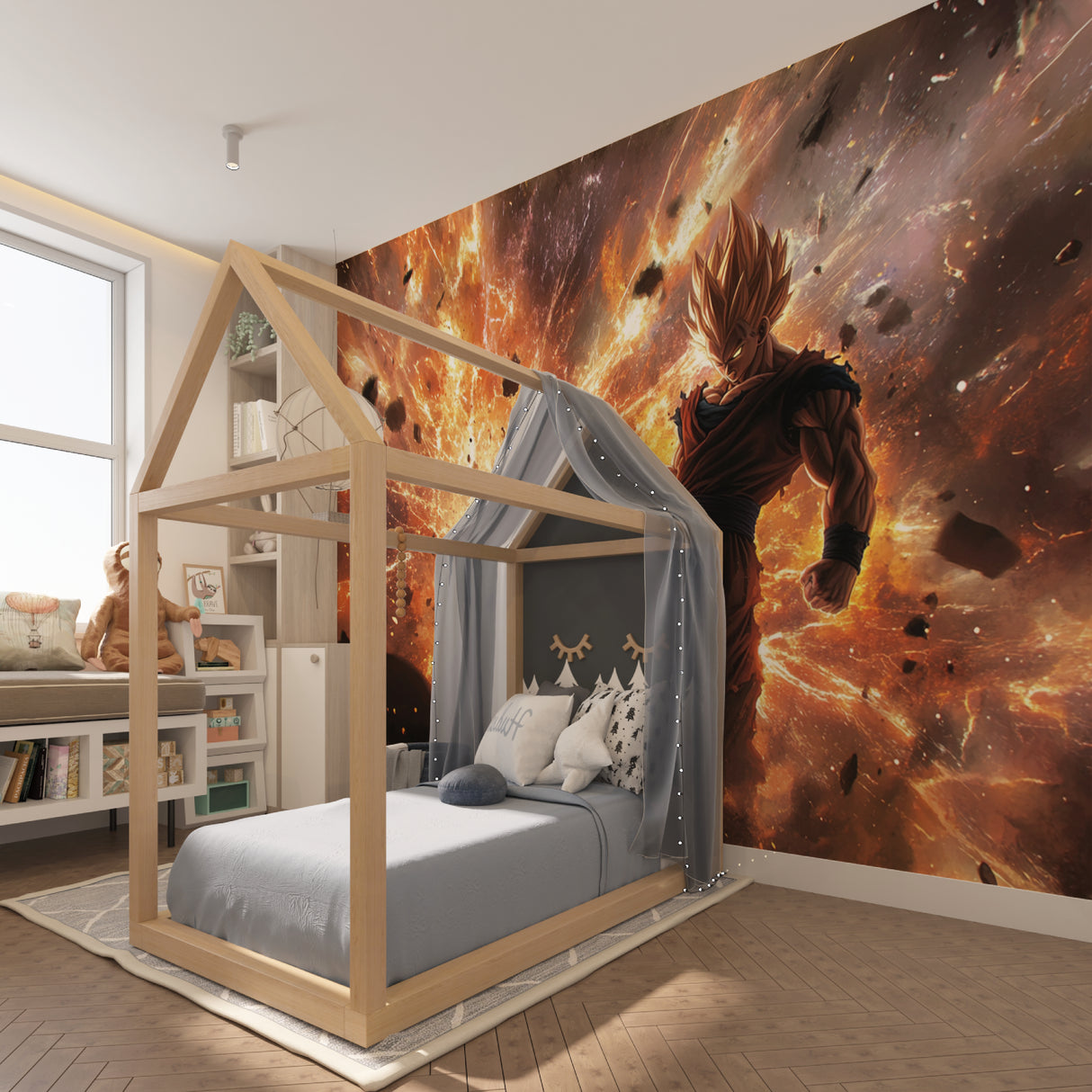 Manga-inspired battle scene mural in entertainment room setup