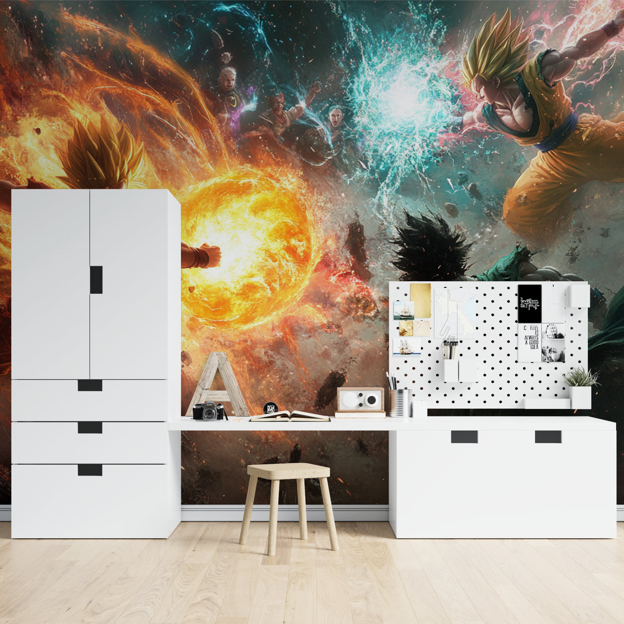 Dragon Ball battle scene transforming a study space into an anime paradise