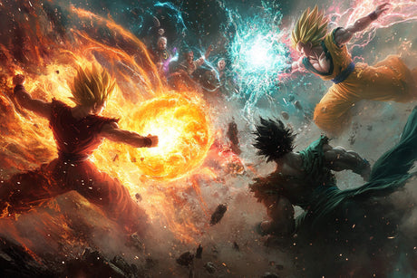 Dragon Ball battle scene design file showing vibrant energy clashes and character details
