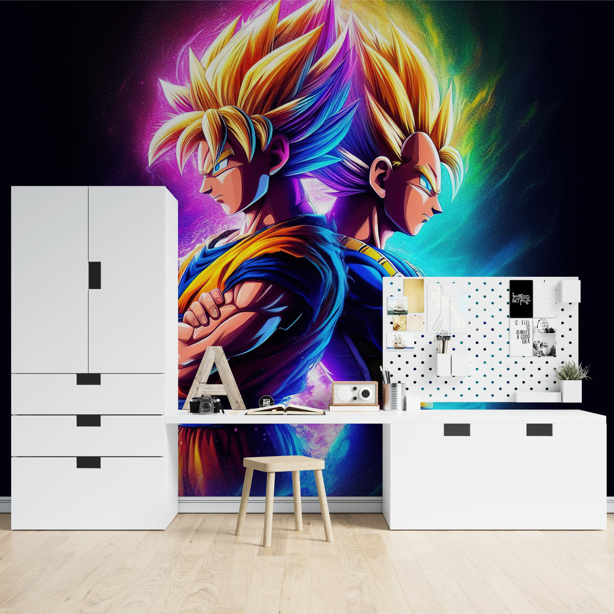Dragon Ball anime wallpaper mural creating an epic gaming room atmosphere with dramatic battle scene