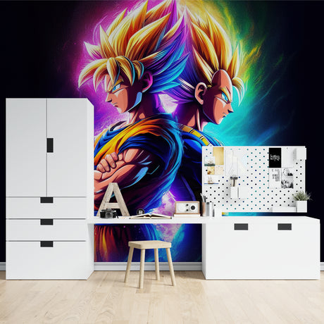 Dragon Ball anime wallpaper mural creating an epic gaming room atmosphere with dramatic battle scene