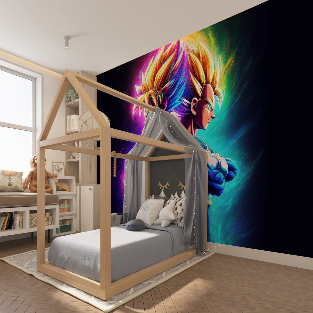 Anime wall mural showcased in a modern teen bedroom with dramatic lighting effects