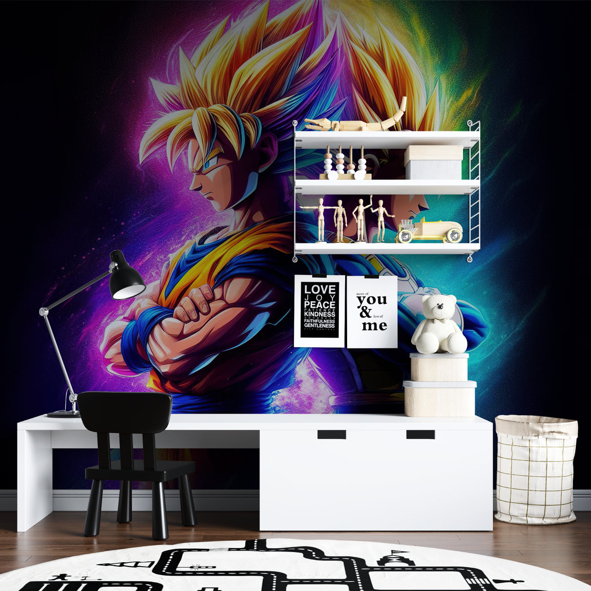 Dragon Ball wallpaper installation in a fan cave with gaming setup