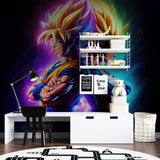 Dragon Ball wallpaper installation in a fan cave with gaming setup