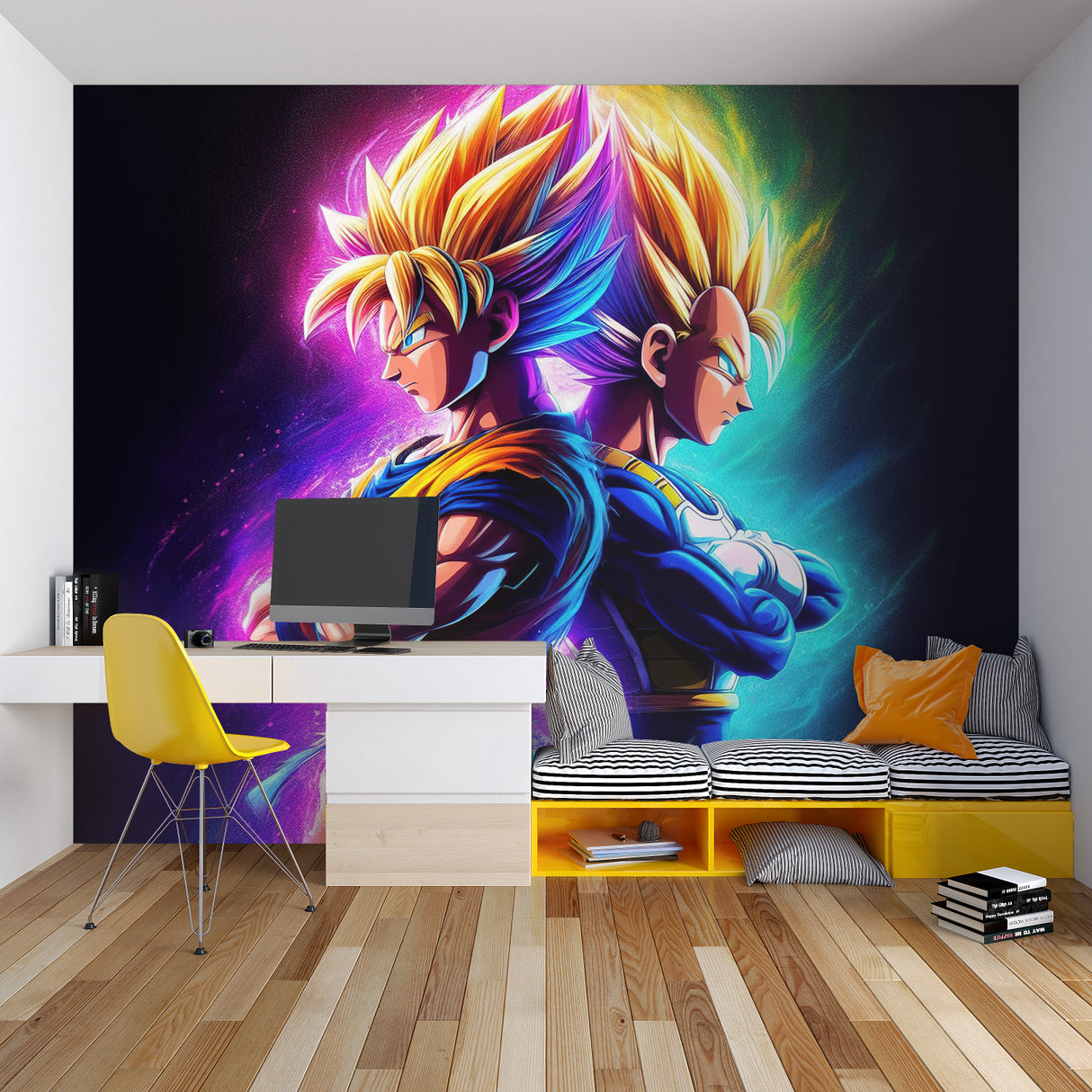 Manga-inspired mural bringing energy to a recreational room space