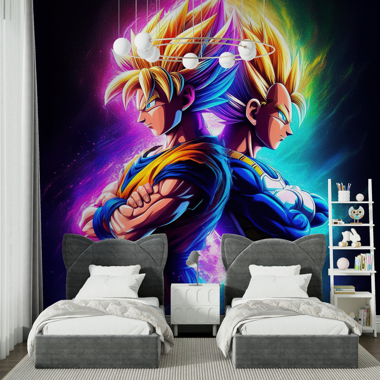 Battle scene wallpaper transforming a hobby room with vibrant colors