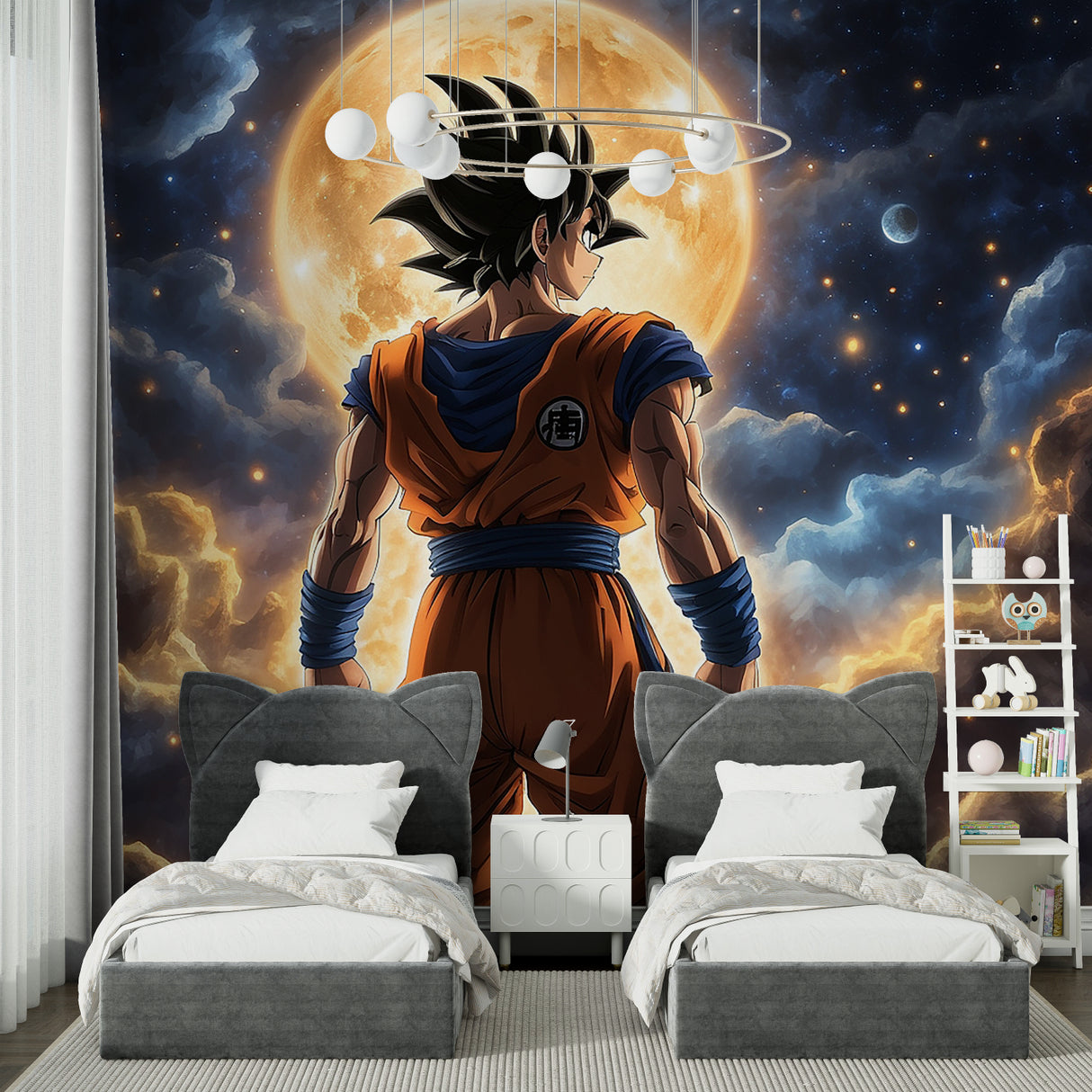 Dragon Ball anime mural wallpaper displayed in modern gaming room with LED lighting
