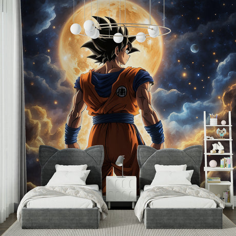 Dragon Ball anime mural wallpaper displayed in modern gaming room with LED lighting