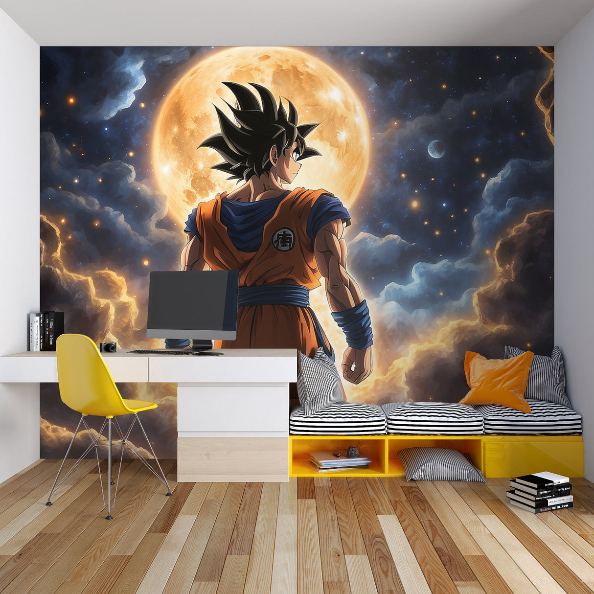Manga wallpaper installation in fan cave with collectibles display