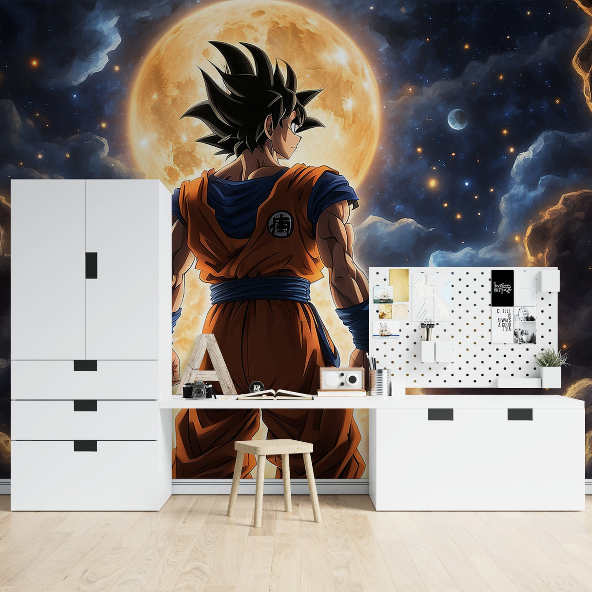 Anime mural bringing character to modern minimalist bedroom